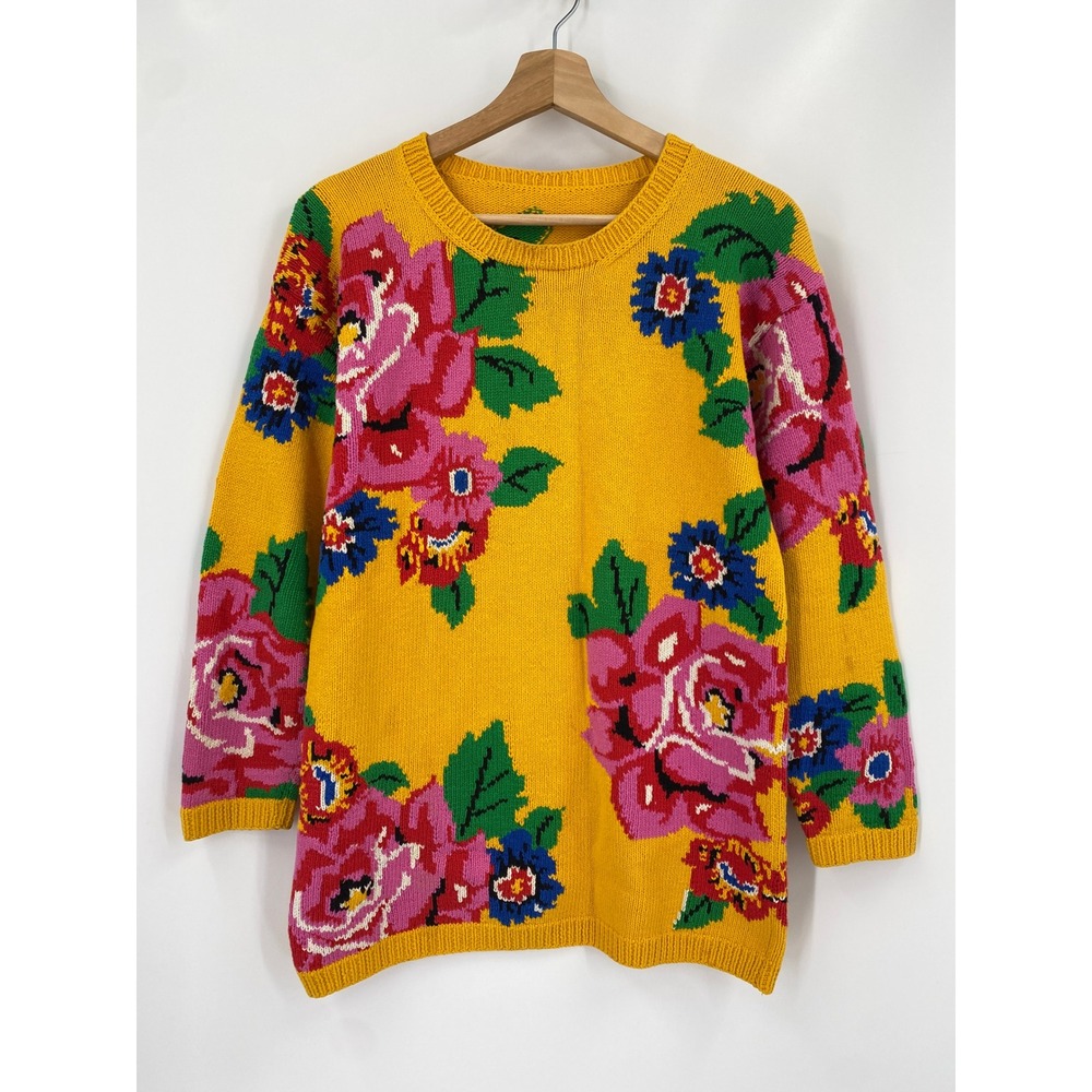 Vintage Floral Sweater Women Large Yellow Pink Blue Green Long Sleeve